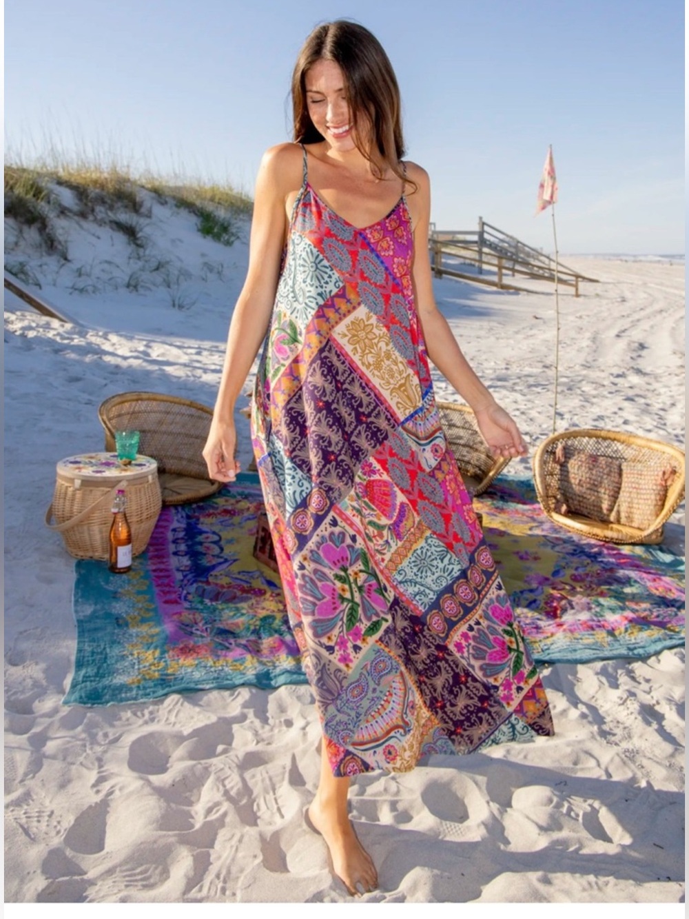 NWT Natural Life Gracie Maxi Slip Dress Boho Blooms Patchwork Print Large pink